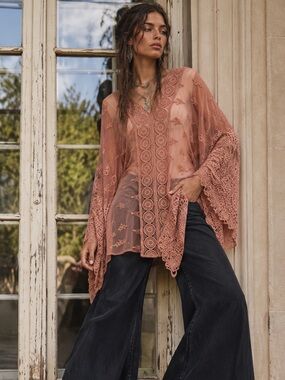Vintage Free People Susie Sheer Lace Poncho Dusty Rose Top OS